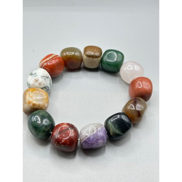 Chunky Semi Precious Stones Bracelet Stretch Beaded Colorful Summer Jewelry - Picture 3 of 8